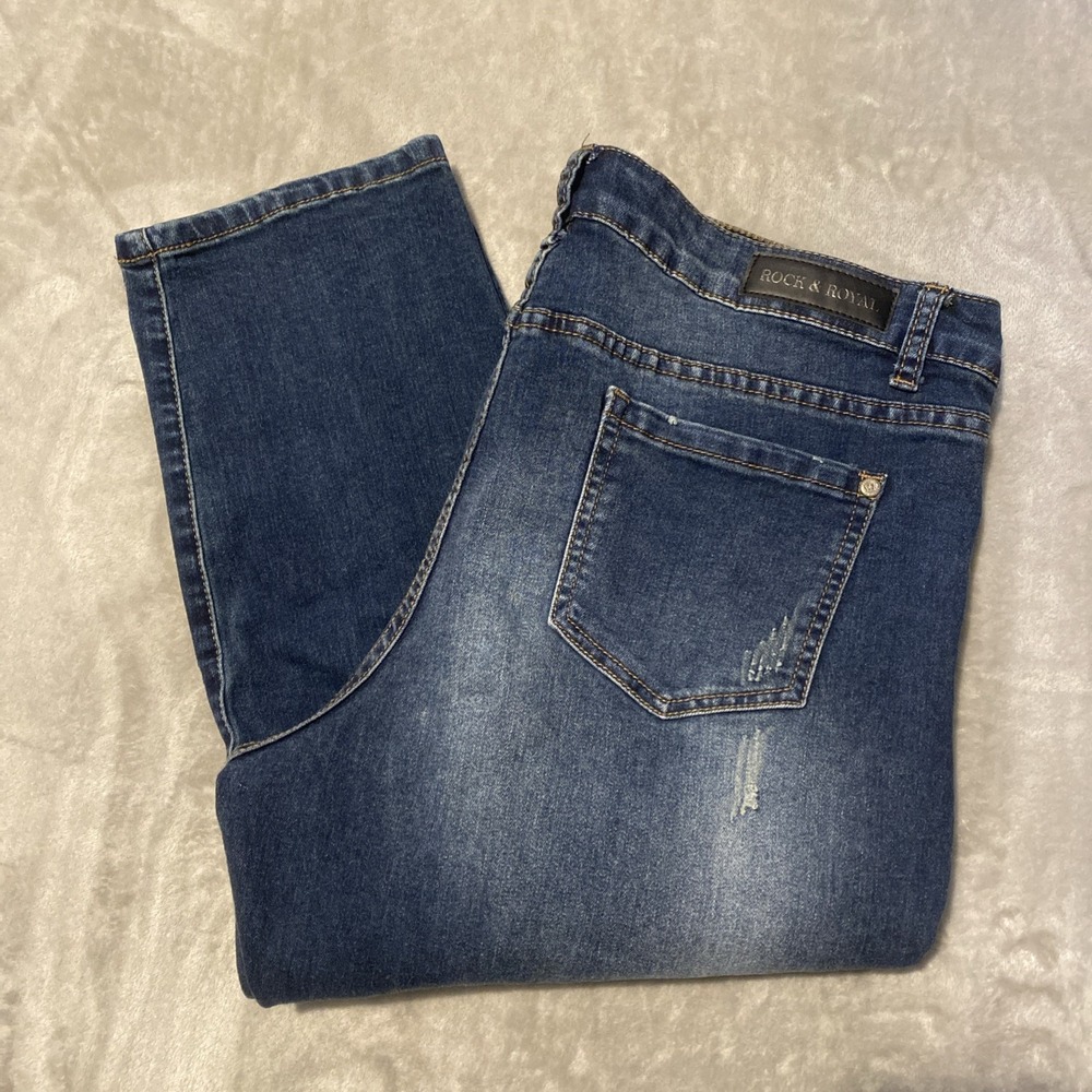 Rock & Royal Jeans Women Sz 16 Blue Dark Straight Distressed Stretch‎ Grunge